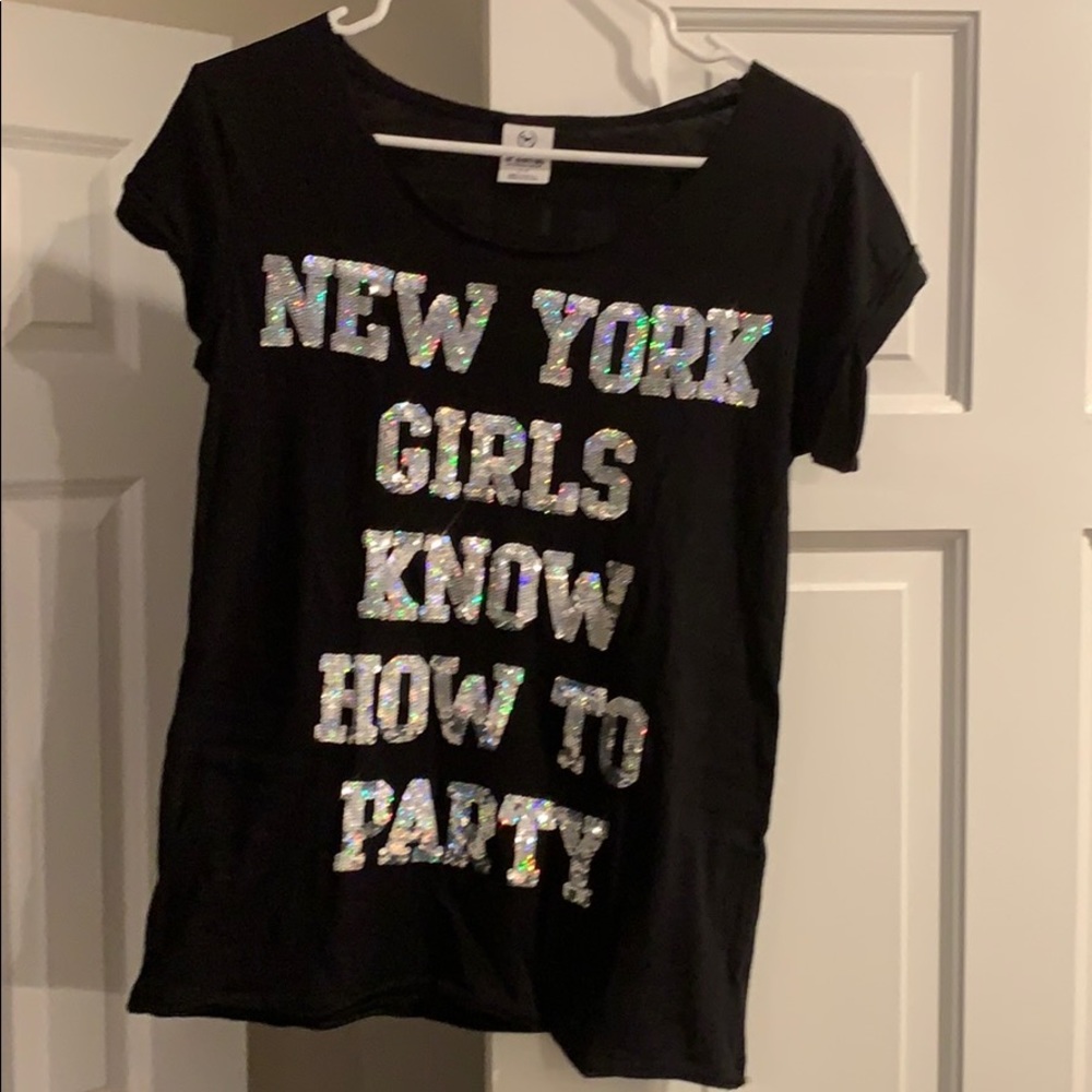 PINK Victoria's Secret Black Short Sleeve Tee with Holographic Sequin Text